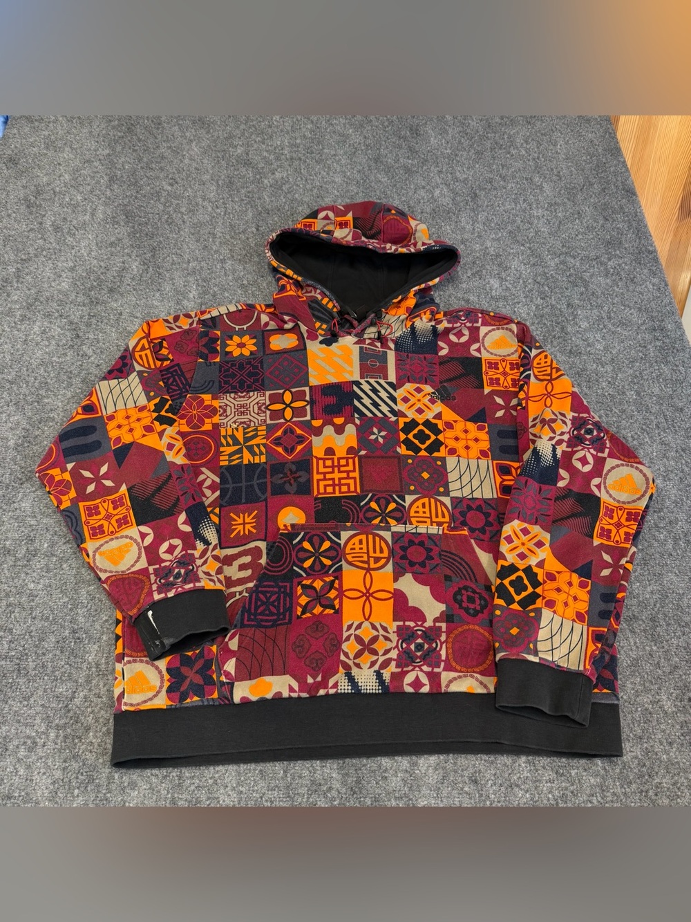 Adidas All Over Print Multicolor Patchwork Hoodie – Size XL